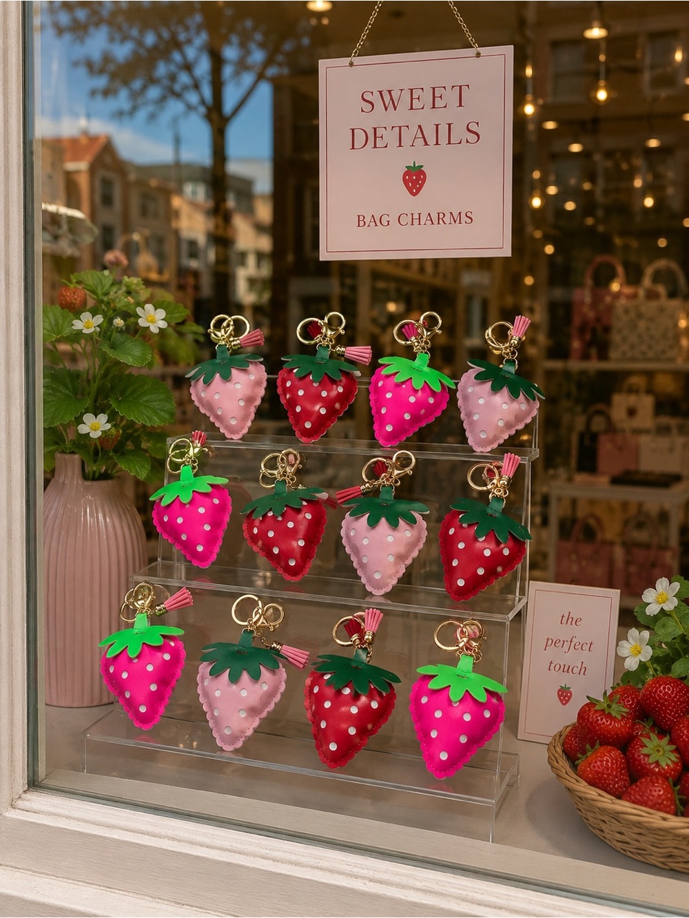 (12) Strawberry Bag Charm Keychain - Pink & Red